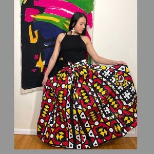 BOLD African Wax Block Print MAXI Skirt - Elastic Waist with POCKETS